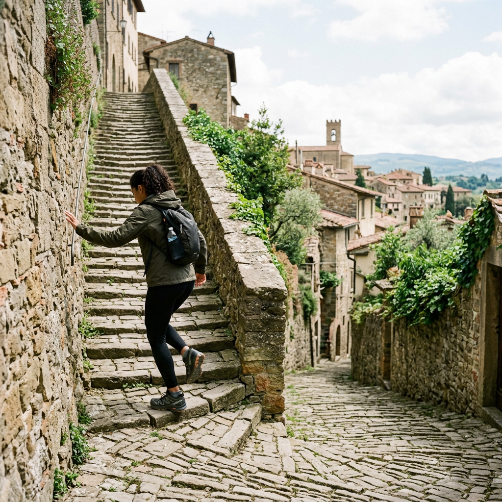 Woman climbing stone stairs in a historic village with old stone buildings