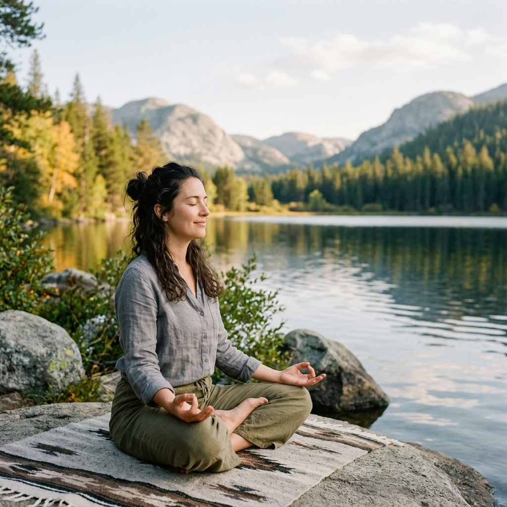 A woman sitting cross-legged on a rug by a lake with eyes closed meditating