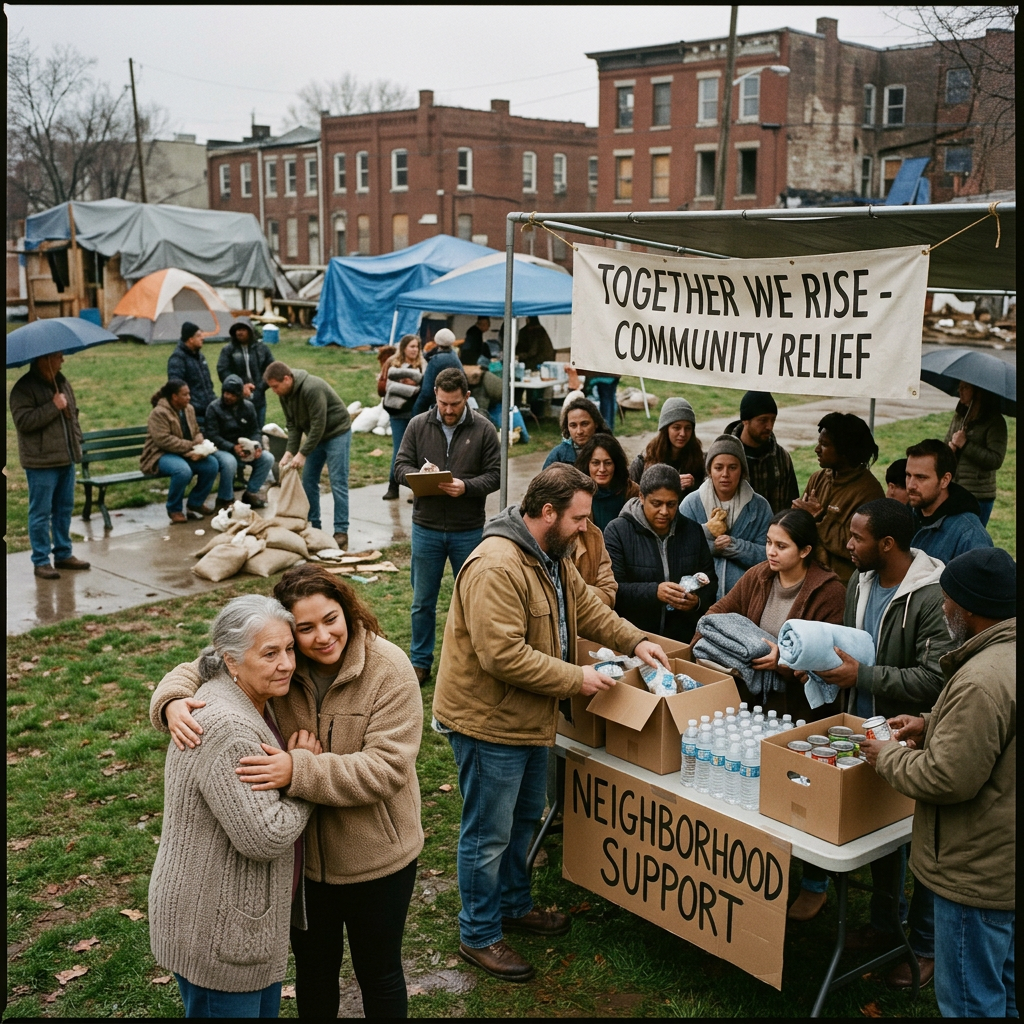 Volunteers handing out supplies and blankets to community members under a 'Together We Rise - Community Relief' banner