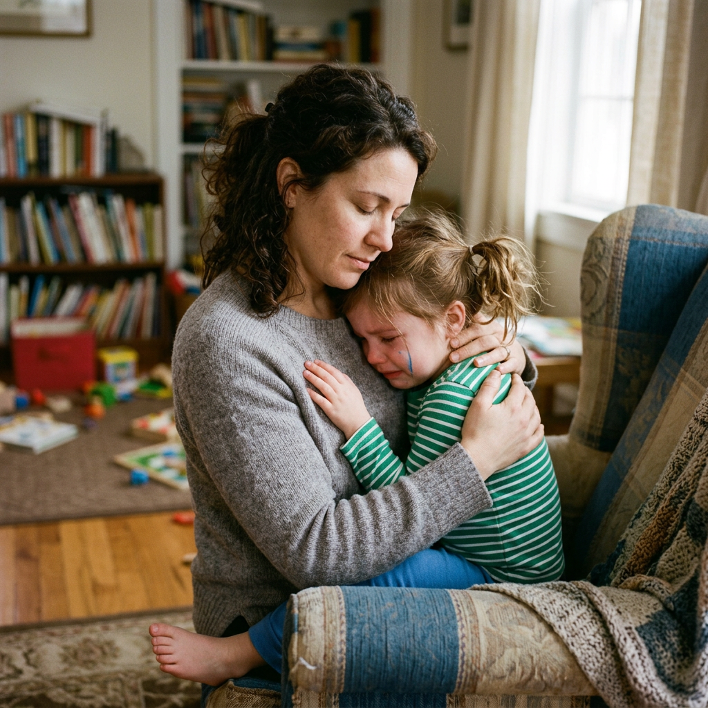Mother hugging and comforting crying child sitting on armchair