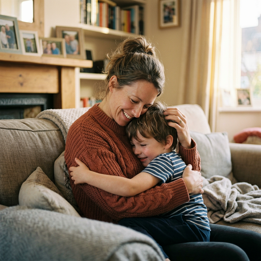 Woman hugging young boy affectionately on living room couch