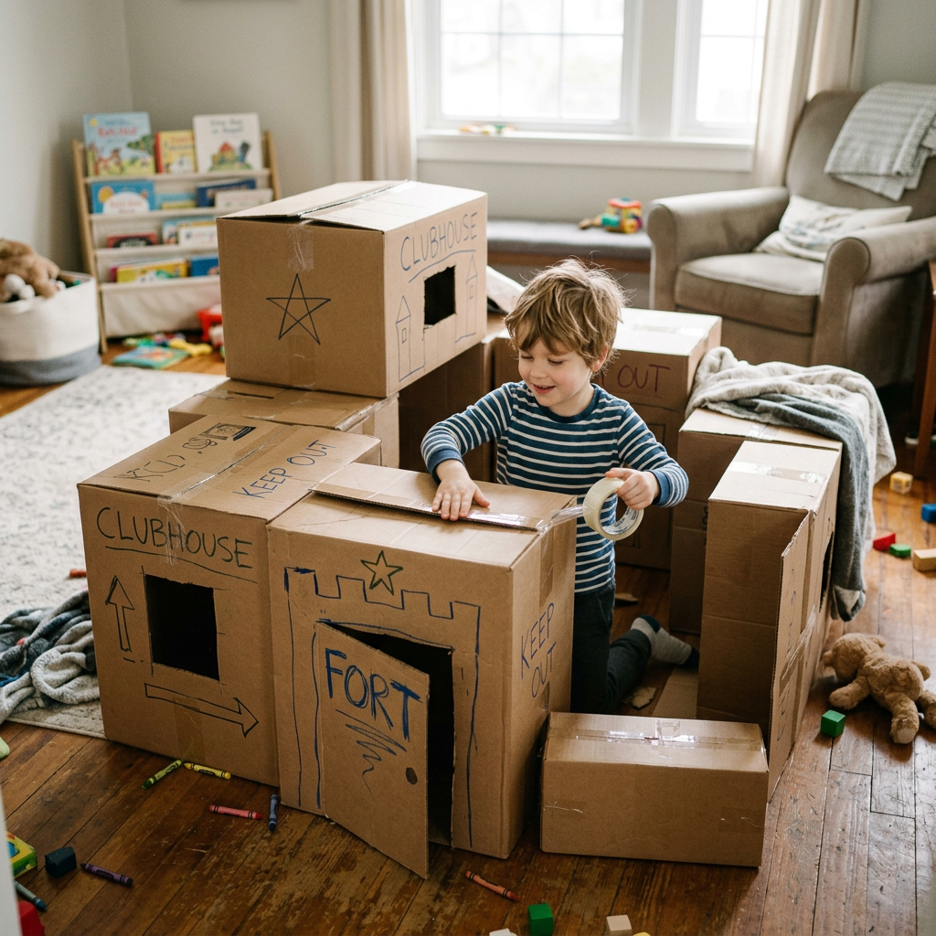 Child sitting inside a handmade cardboard fort with 'clubhouse' and 'fort' written on boxes
