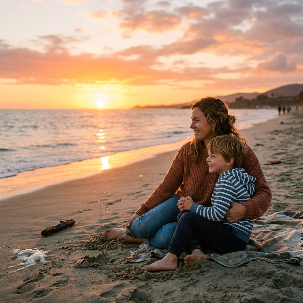 Mother and son sitting on a beach at sunset, smiling and embracing.