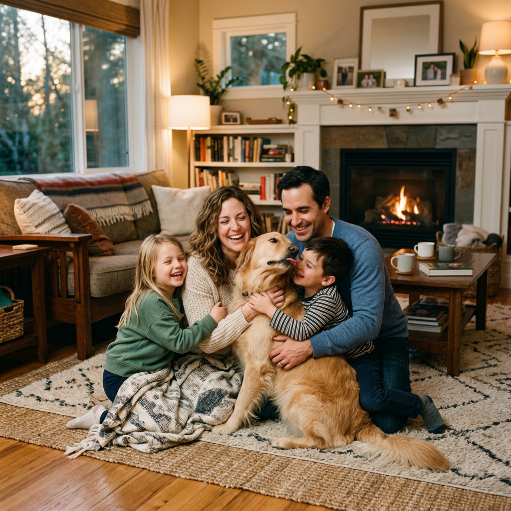 Family of four happily hugging a golden retriever dog in a cozy living room