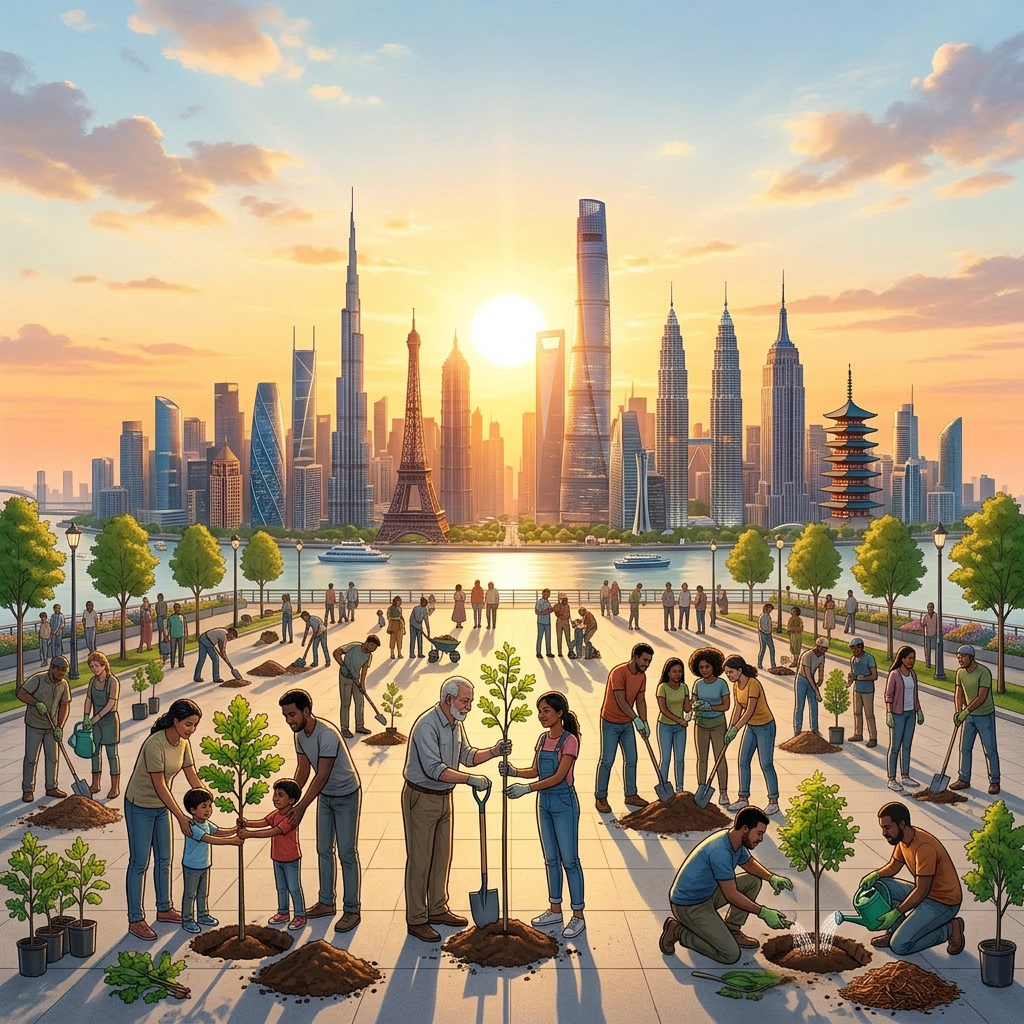 Group of people planting trees in an urban park with famous global landmarks