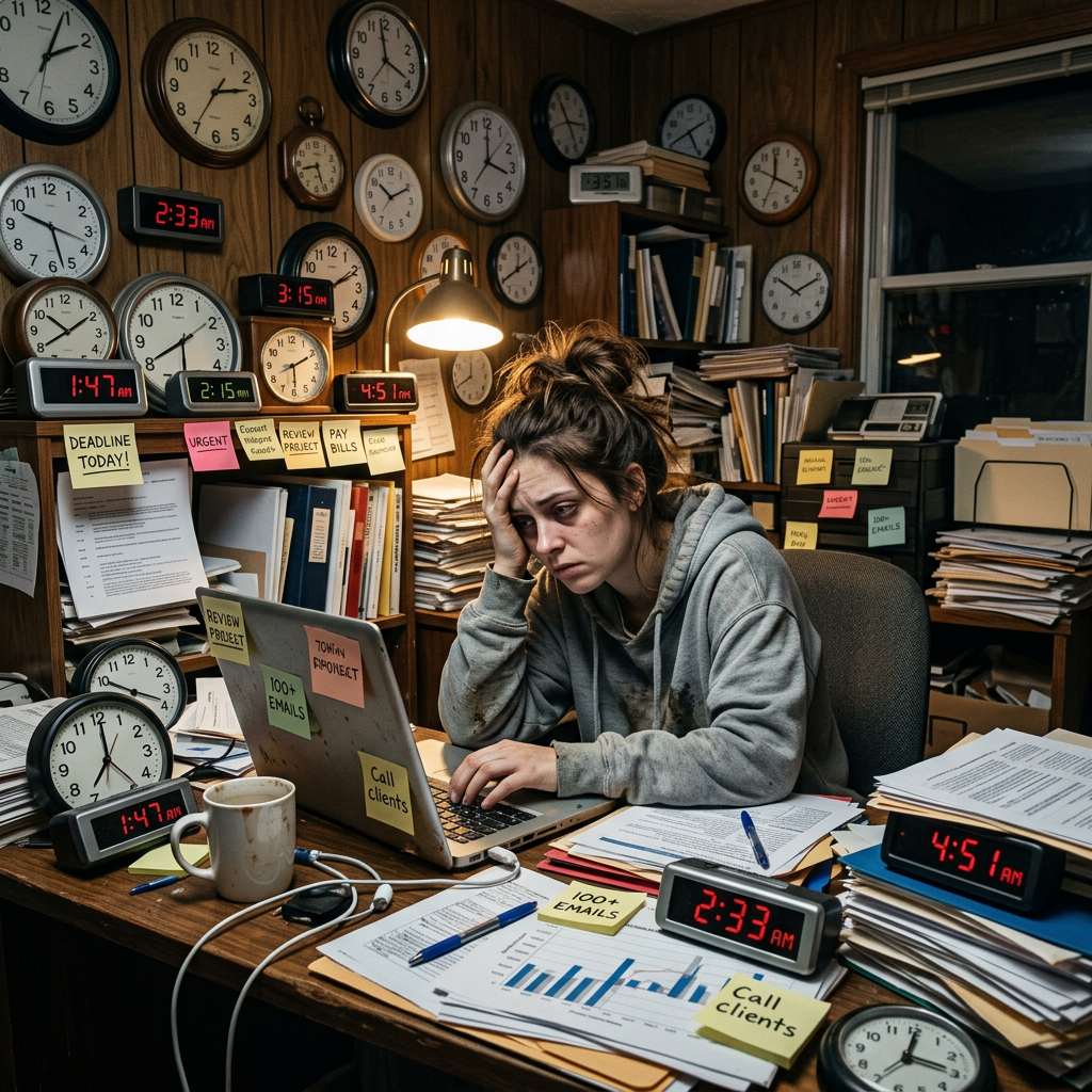 Tired woman in hoodie at cluttered desk with multiple clocks and sticky notes showing urgent tasks
