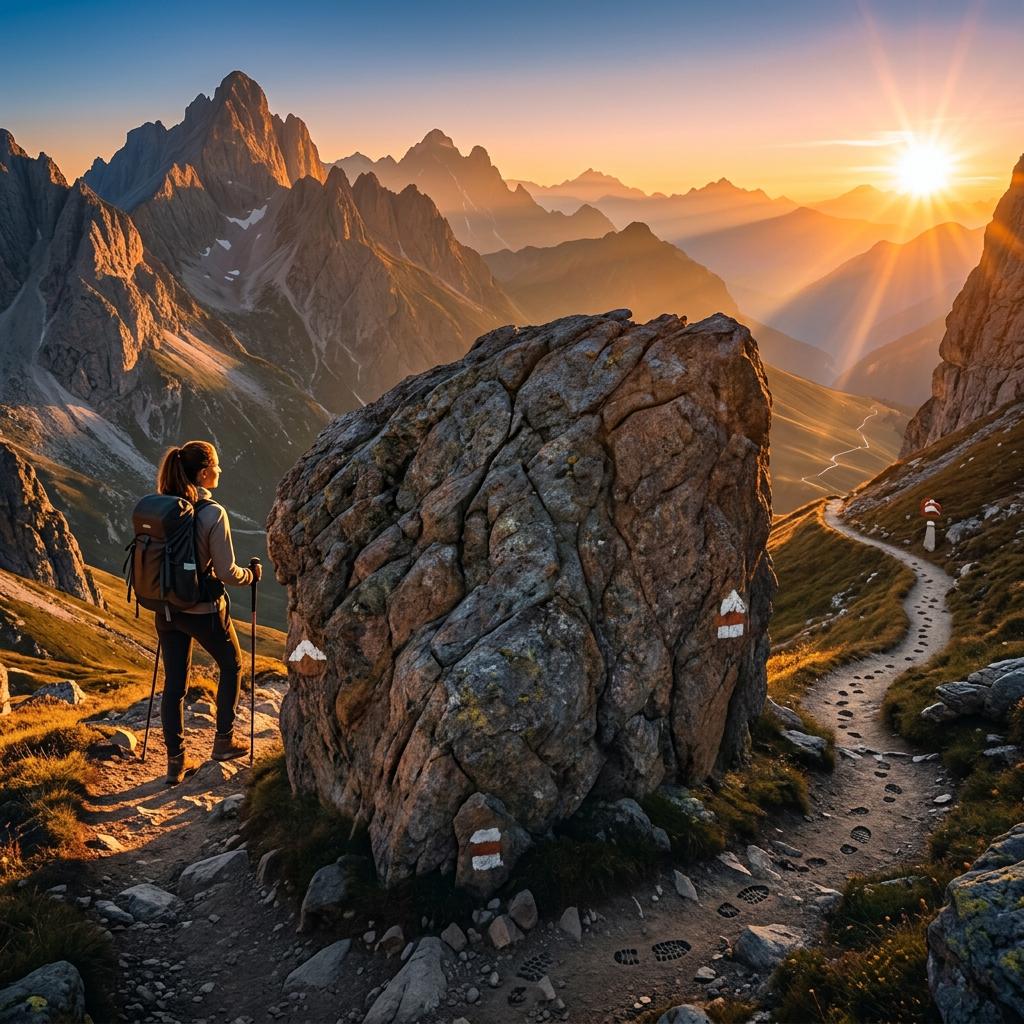 Hiker standing on mountain trail at sunset overlooking rugged peaks and winding path
