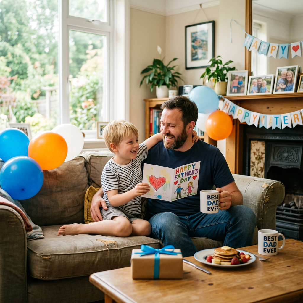 Child giving a Happy Father's Day card to dad sitting on a couch with balloons and breakfast
