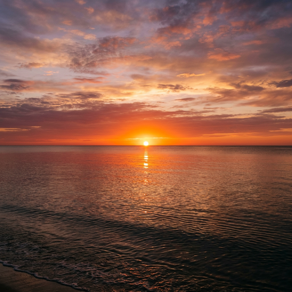 Sunset over ocean with orange, pink, and purple clouds reflecting on water