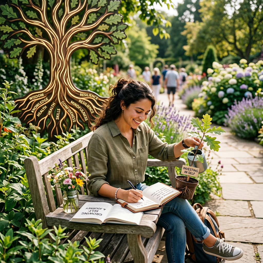 Woman sitting on bench in garden writing in journal next to small potted tree with label 'Investing in Self'