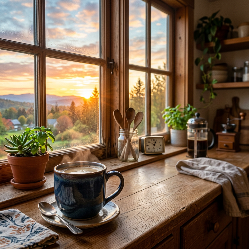 Steaming coffee cup on rustic kitchen counter by window at sunrise