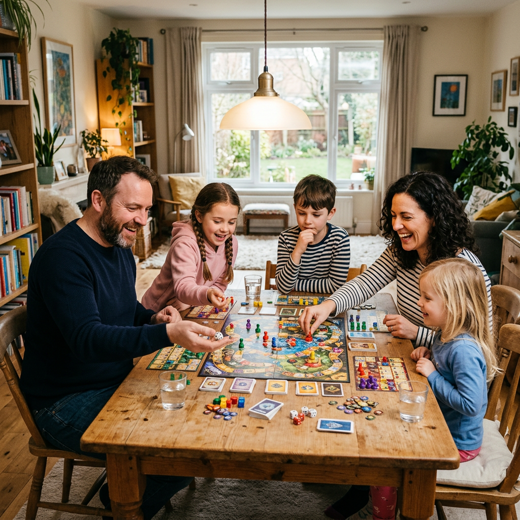 Family playing a colorful board game at home