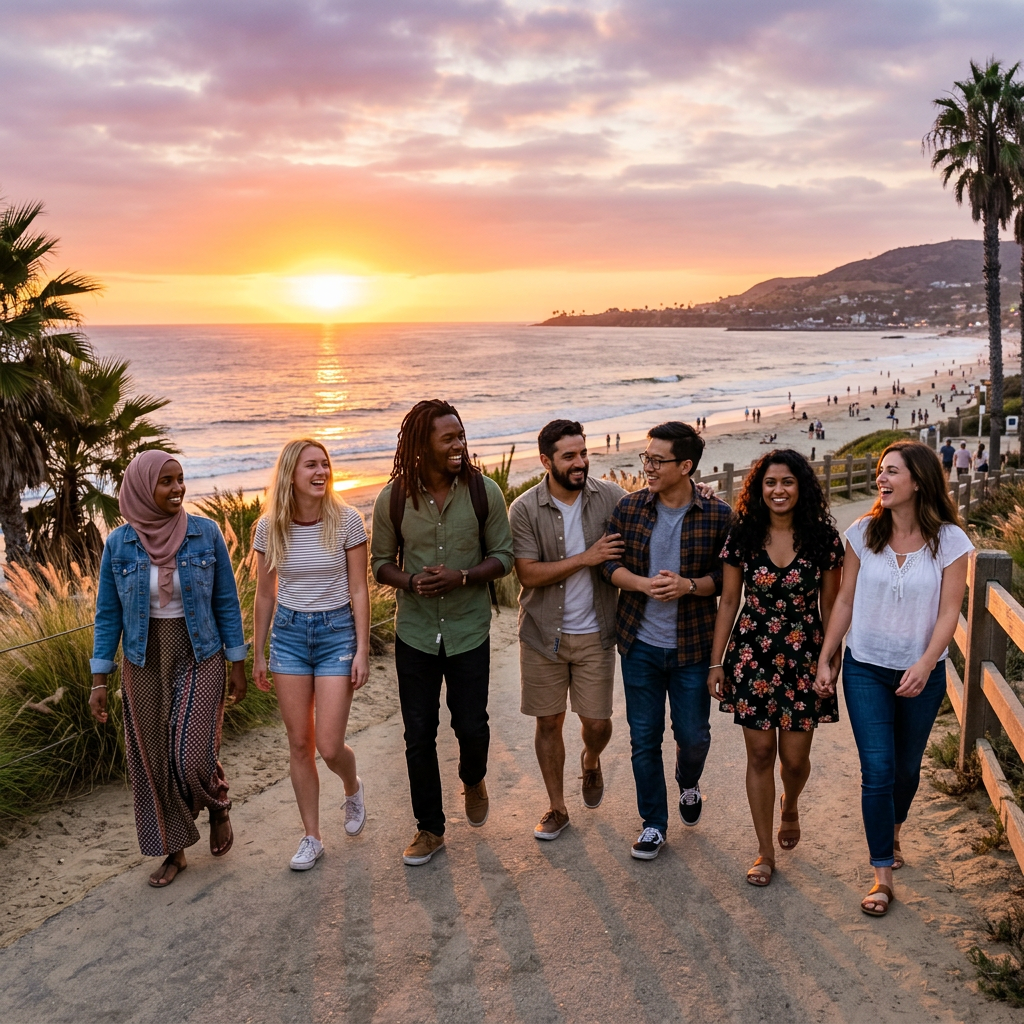 Six diverse friends walking together by the beach at sunset, smiling and talking