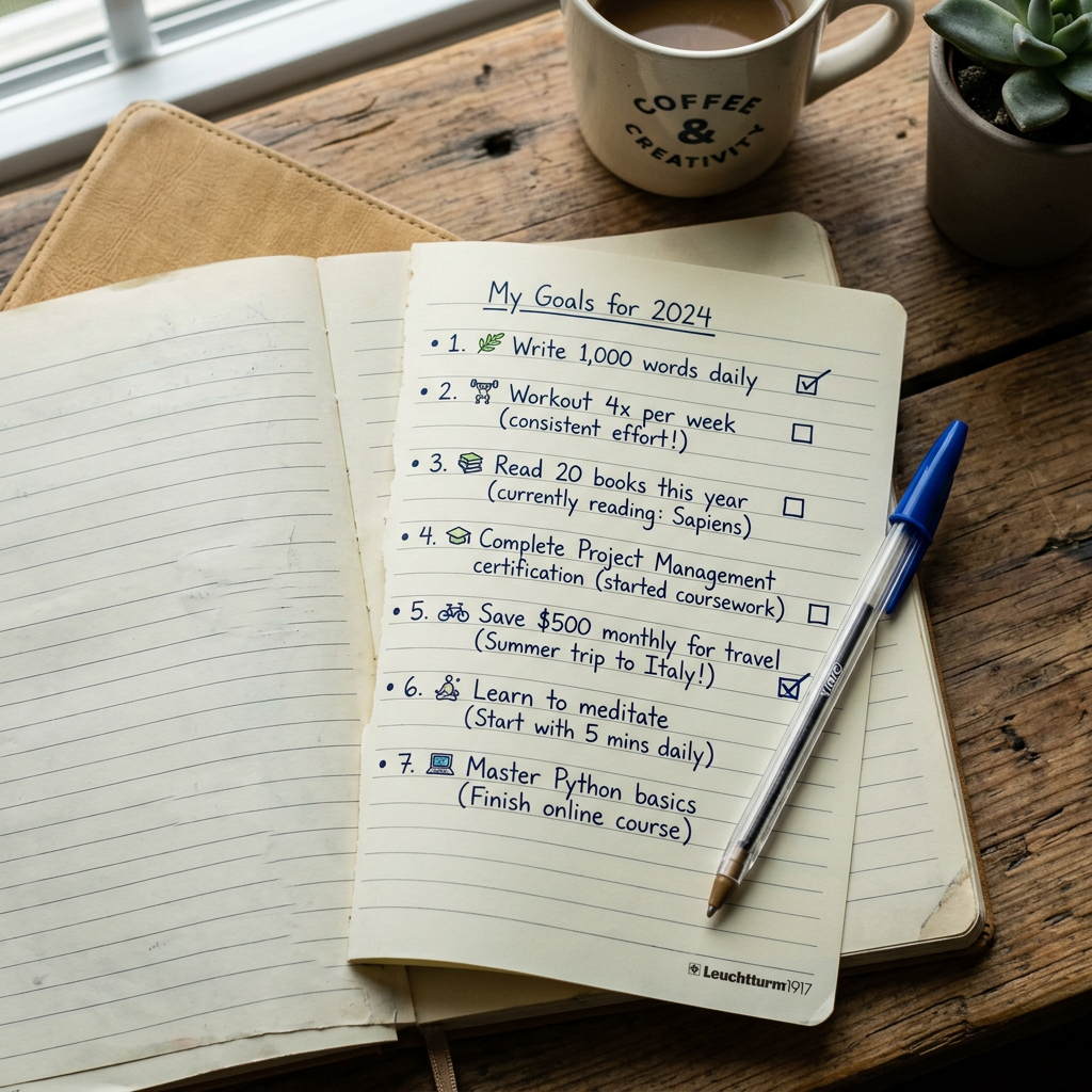 Handwritten 2024 goals list with tasks and checkboxes in notebook on wooden table