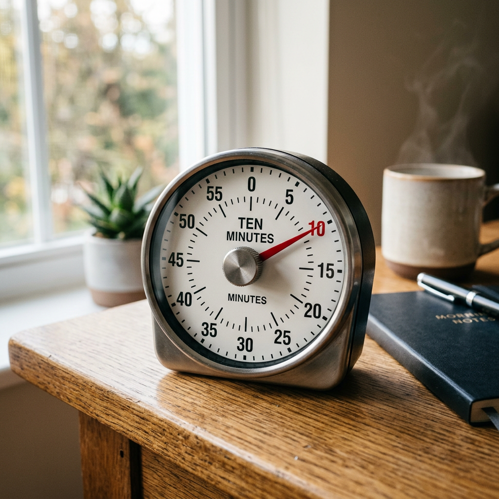 Analog kitchen timer set to ten minutes on wooden surface