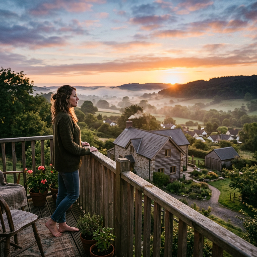 Woman standing barefoot on a wooden balcony looking at sunrise over countryside