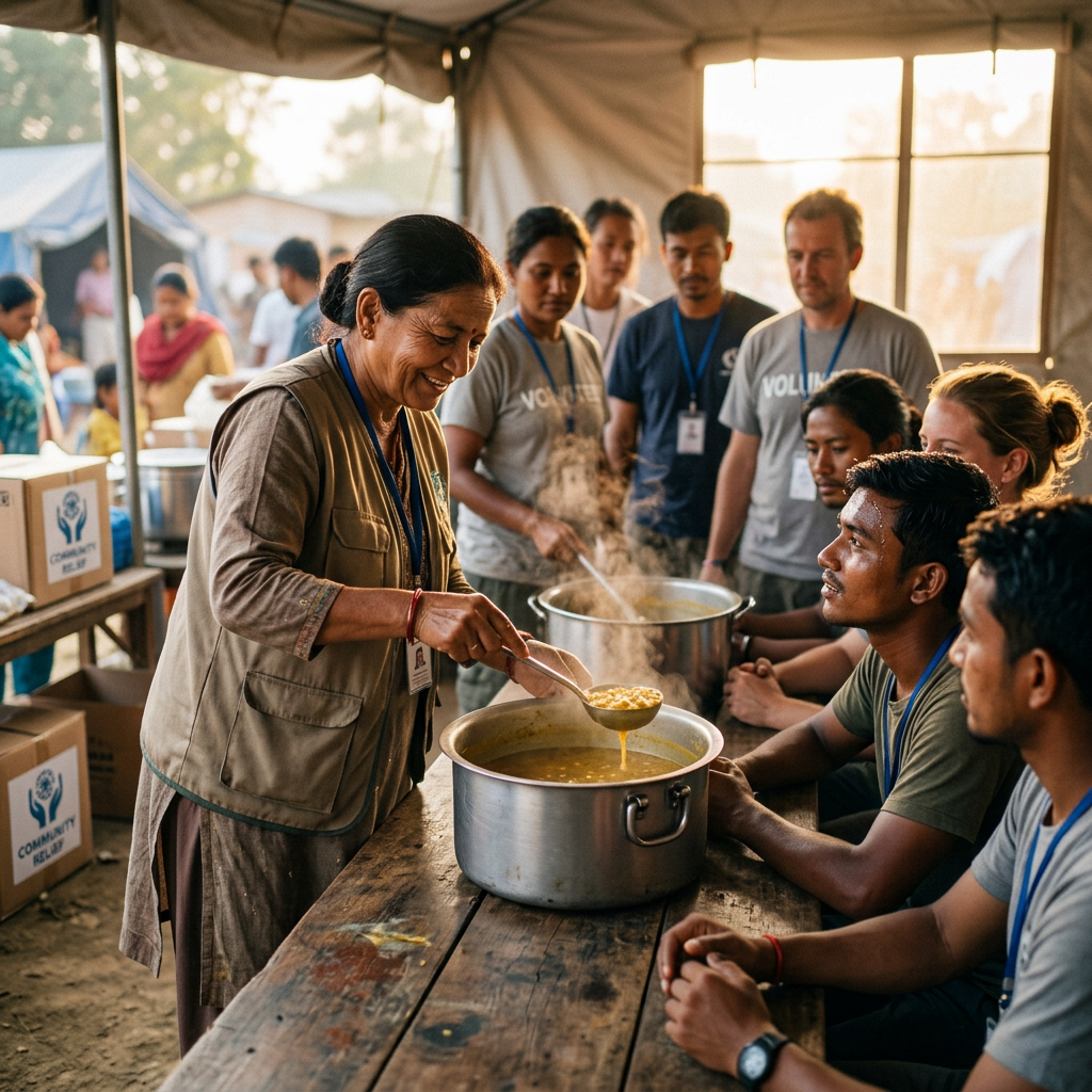 Volunteers ladling hot food from large pots to people seated at a wooden table under a tent