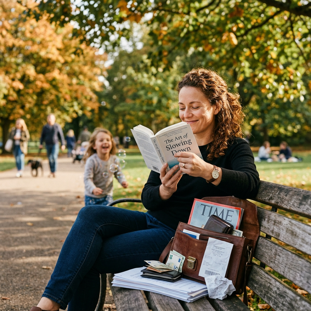 Woman reading 'The Art of Slowing Down' on park bench with open bag and child playing with bubbles behind