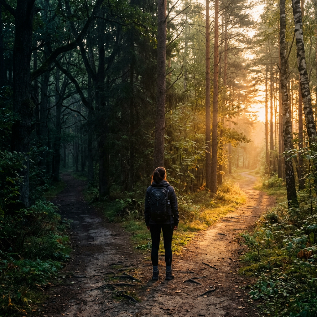 Hiker with backpack standing at a forked forest trail