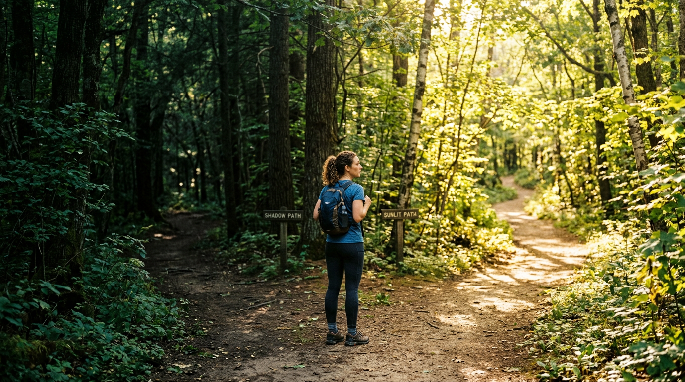 Hiker choosing between signs labeled “SHADOW PATH” and “SUNLIT PATH”