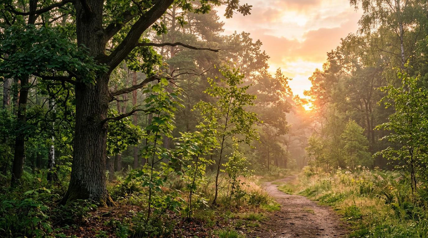 Forest path winding through sunlit trees at sunset