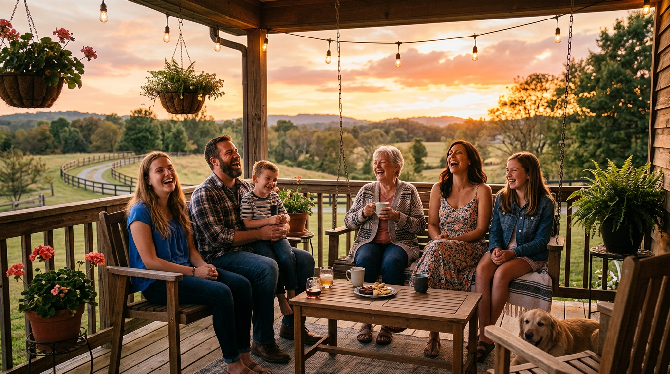 Six people laughing together on a porch with a dog at sunset