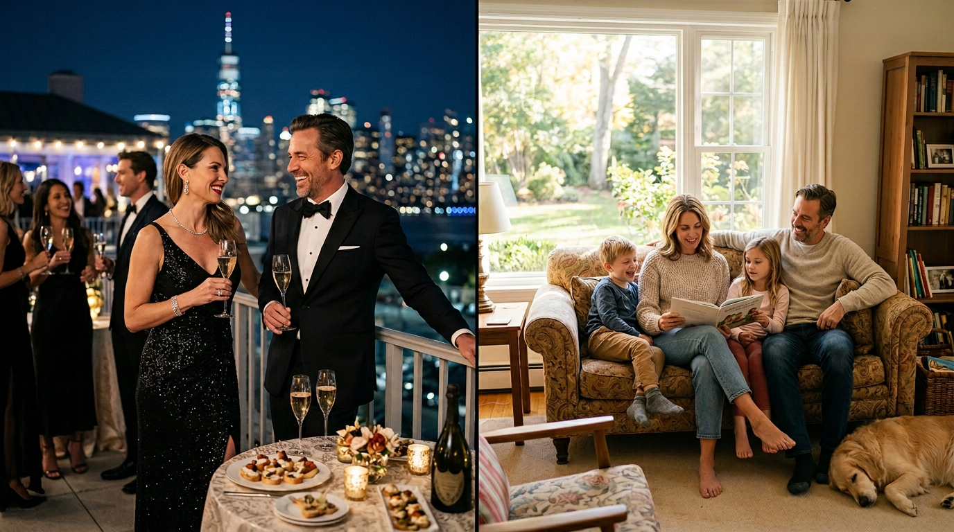 Split image labeled “LUXURY LIFESTYLE” and “PEACEFUL FAMILY SCENE” showing a formal rooftop party and family reading at home