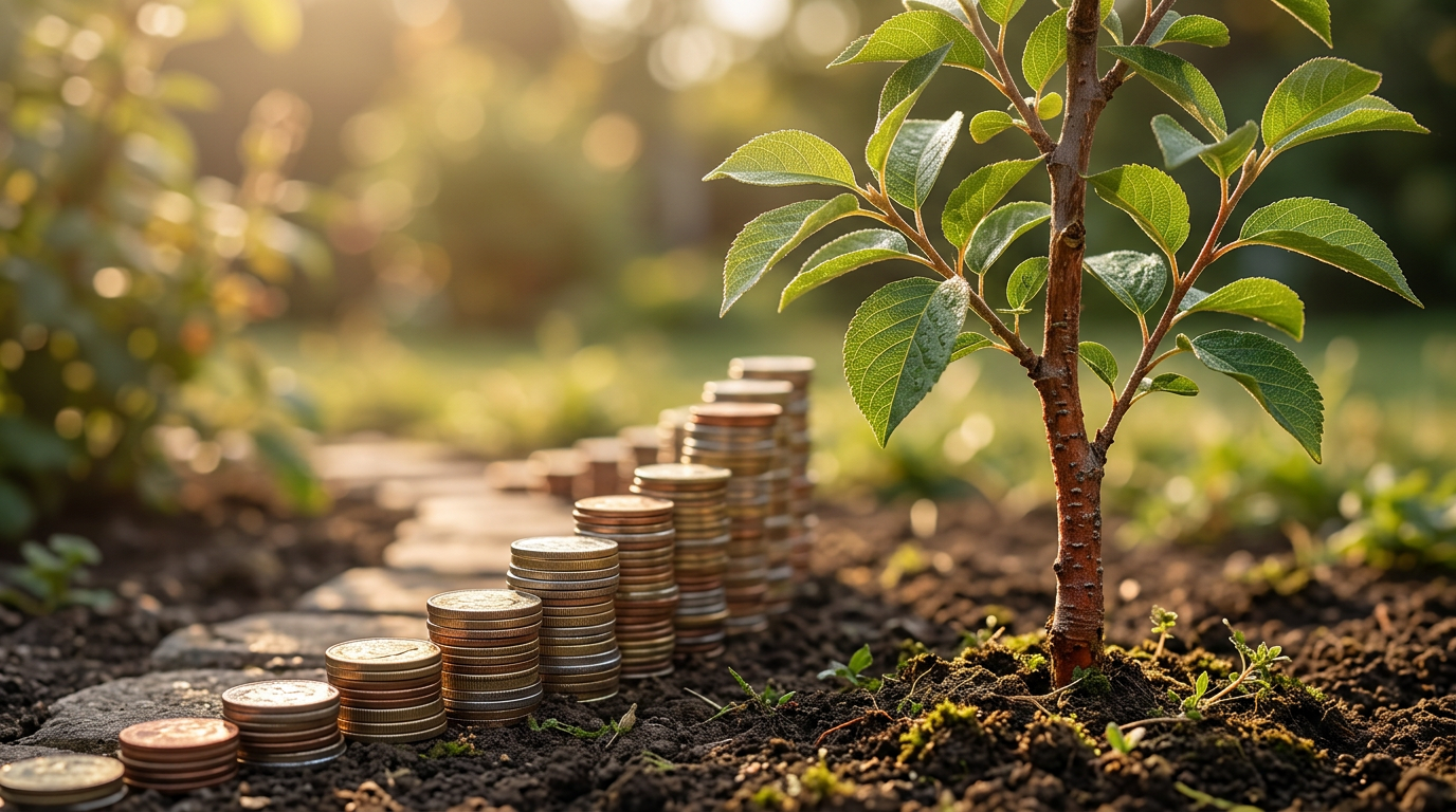 Increasing stacks of coins leading toward a young tree in soil