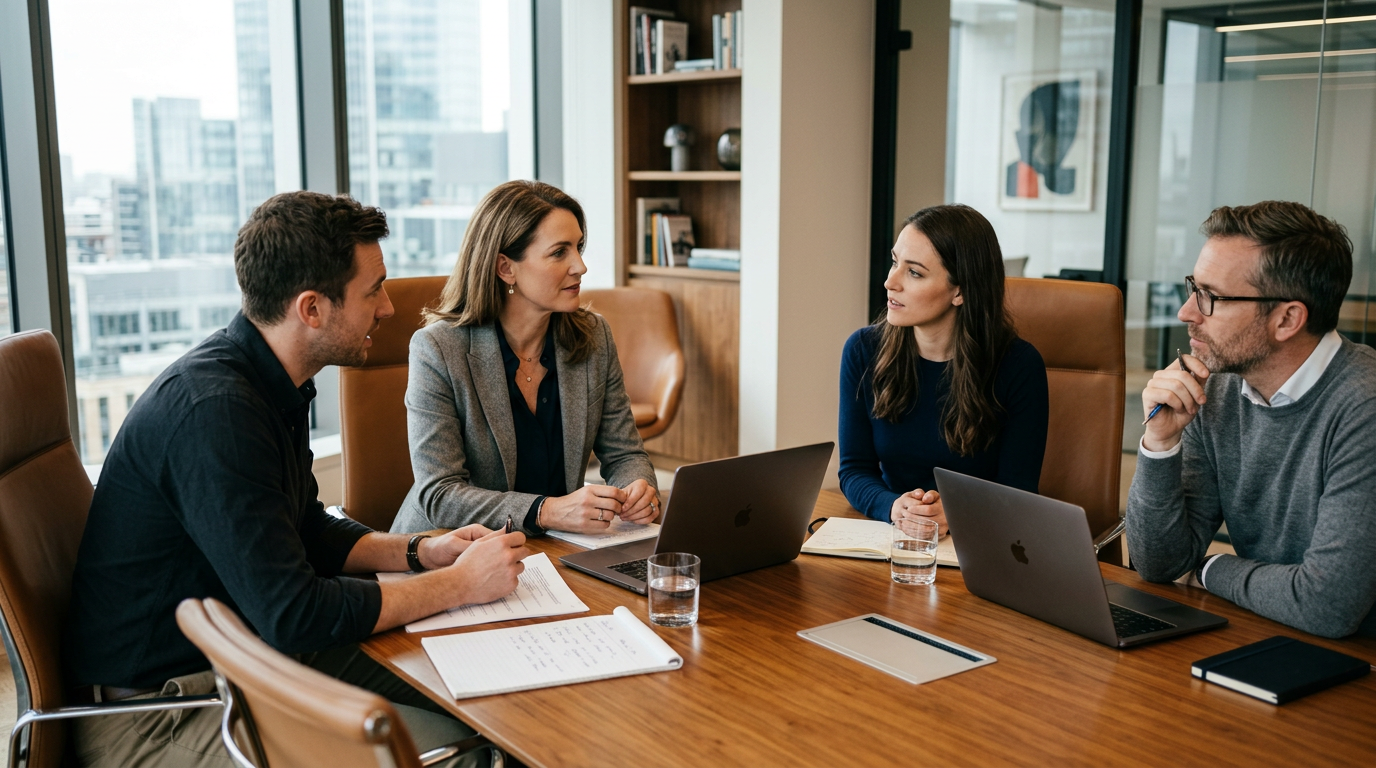 Four colleagues collaborating around a conference table with laptops and notes