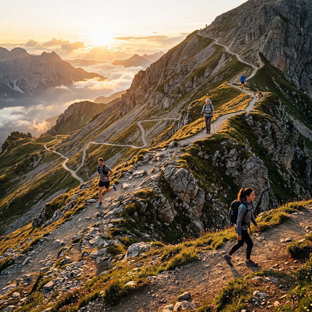 Four hikers traversing a rocky alpine ridge above cloud-filled mountain valleys