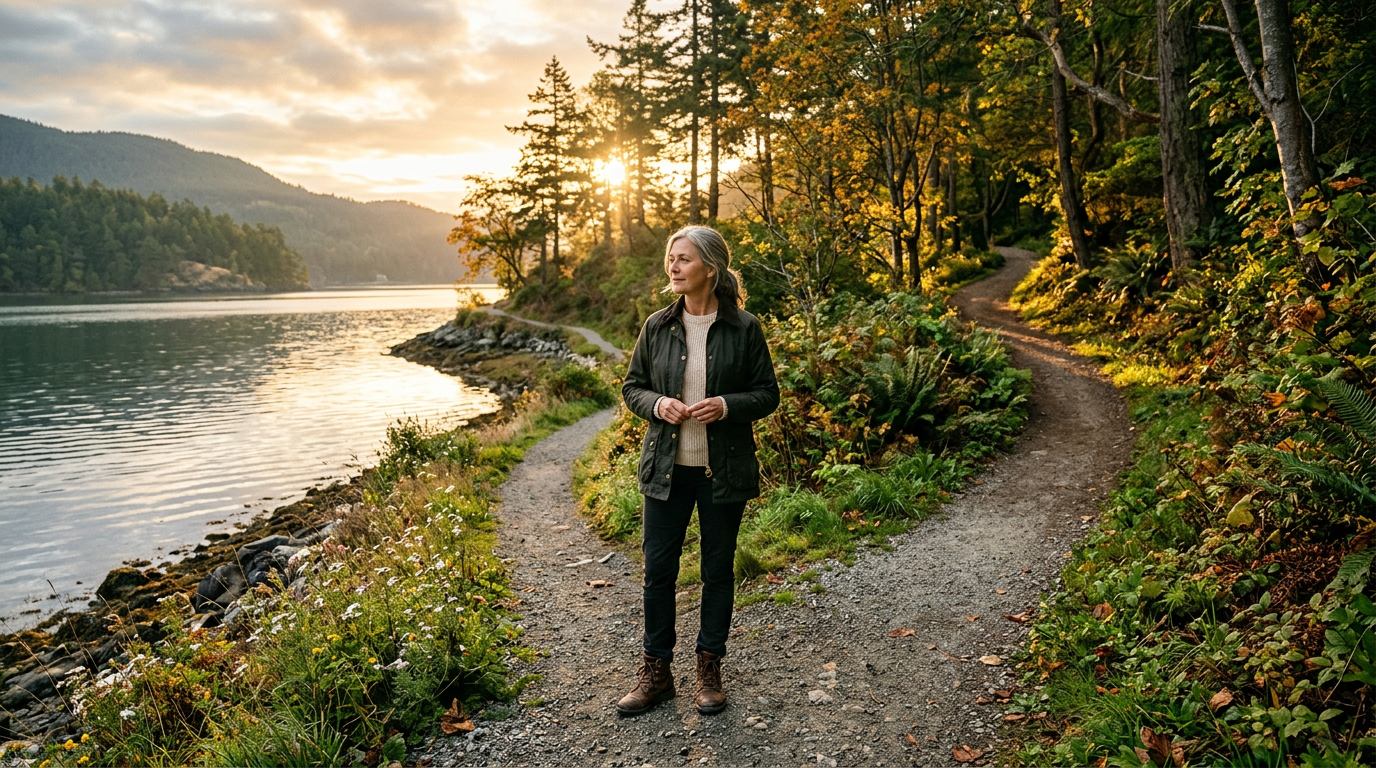 Woman standing on a lakeside trail surrounded by autumn forest