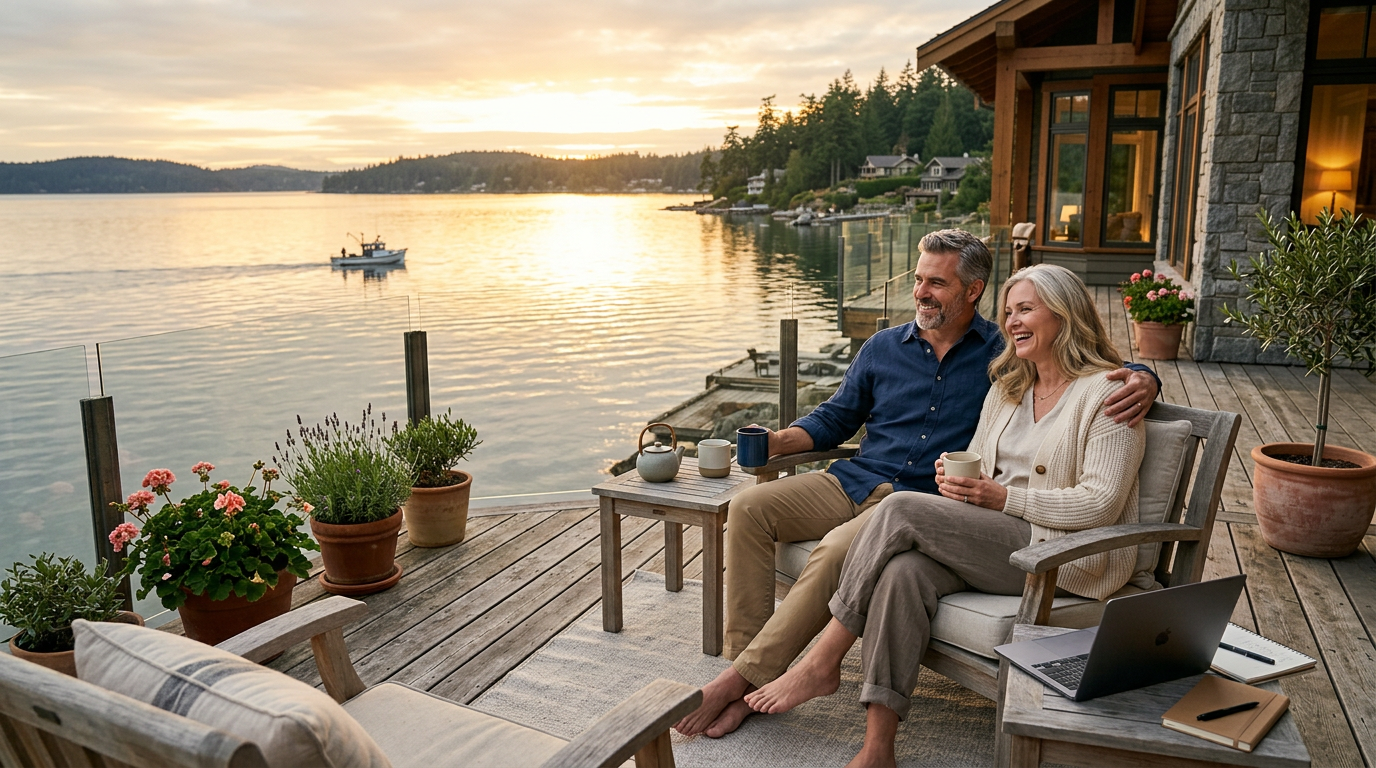 Couple enjoying financial freedom beside calm waterfront