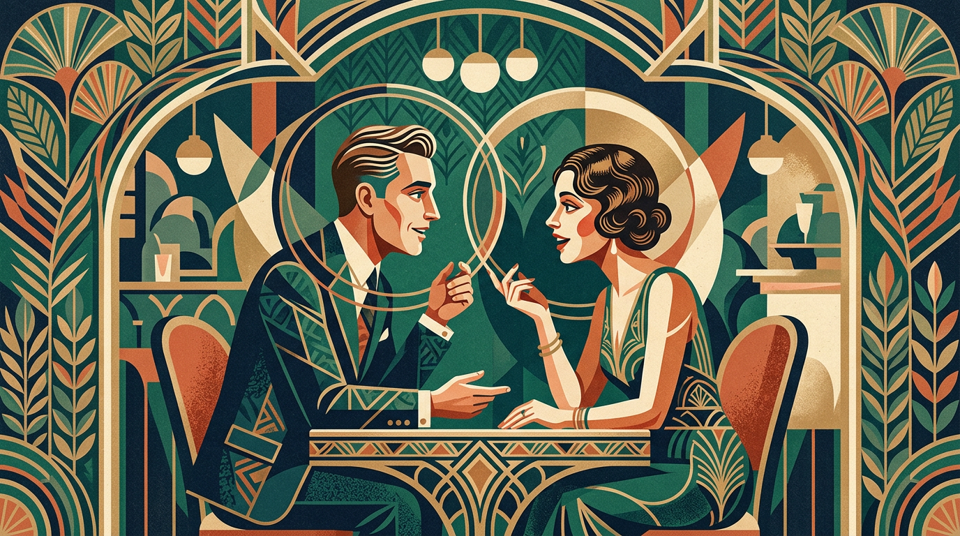 Art Deco man and woman conversing across a table in an ornate lounge